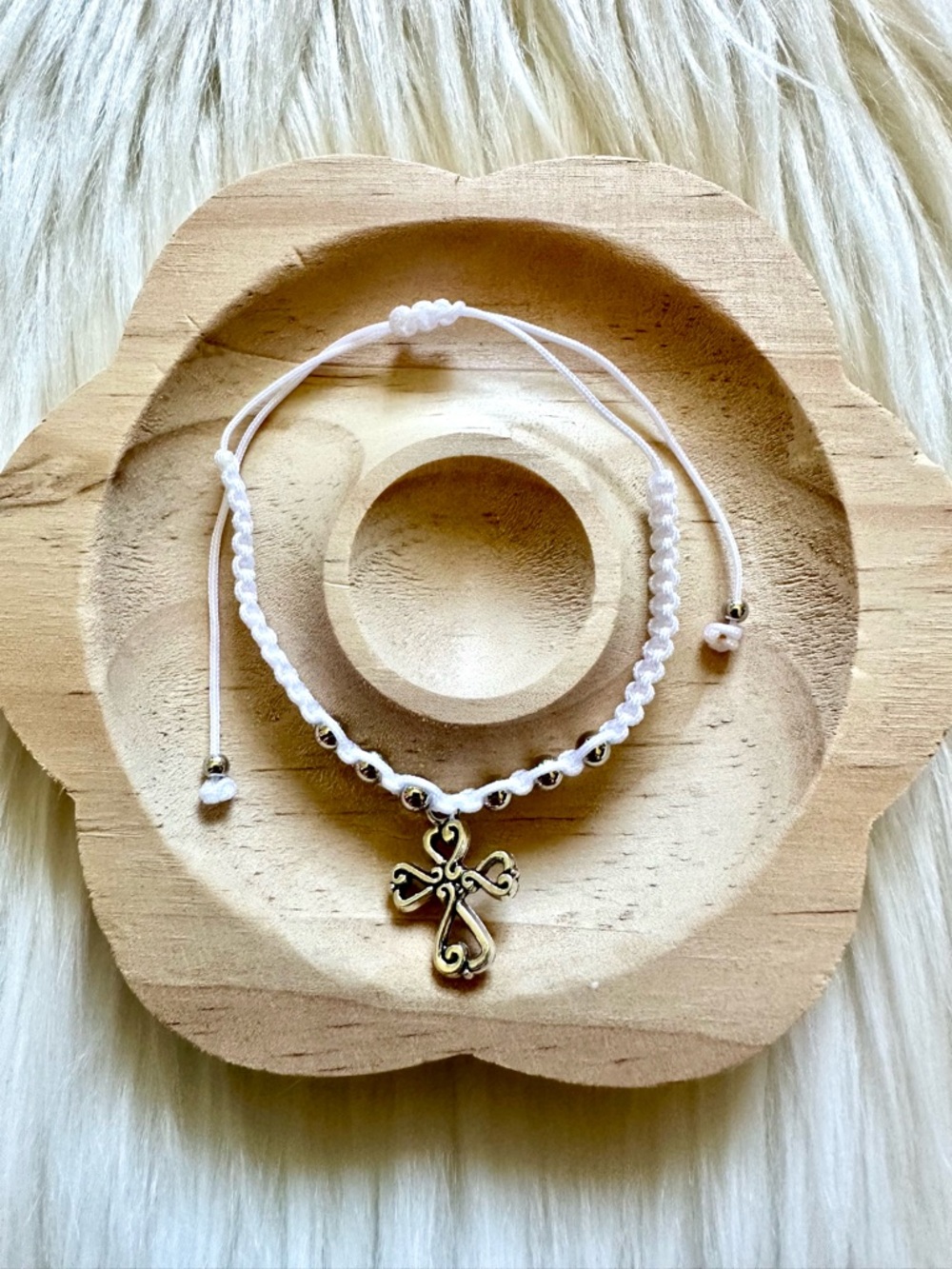Handmade Cross Charm White String Beaded Adjustable Bracelet